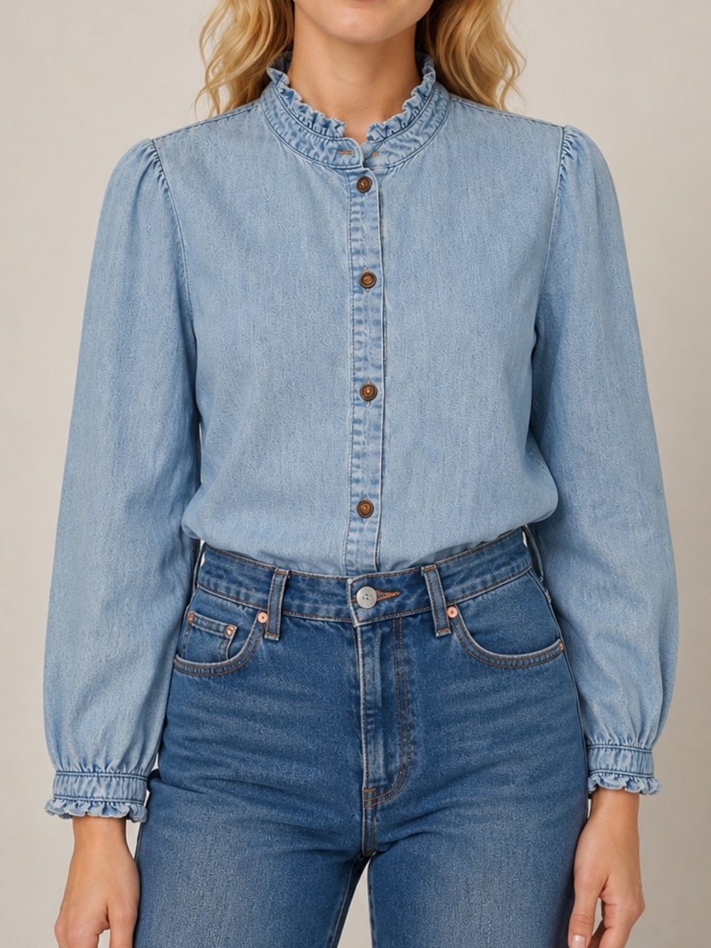 Reitmans 100% Cotton Chambray Ruffle Neck Button Front Blouse Light Wash Denim L